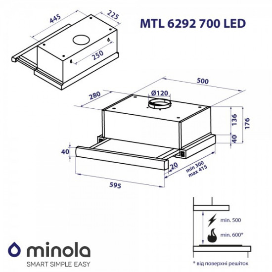 Кухонная вытяжка Minola MTL 6292 BL 700 LED