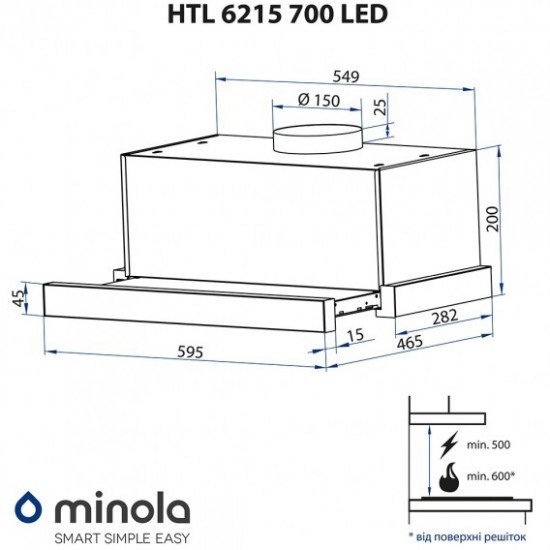Кухонна витяжка Minola HTL 6215 BL 700 LED