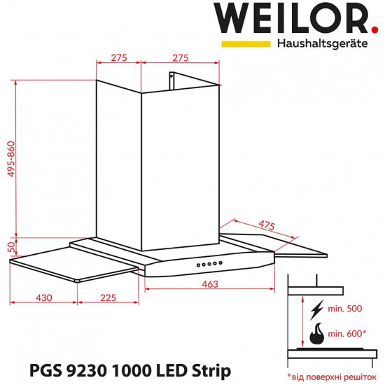 Кухонна витяжка Weilor PGS 9230 IG 1000 LED strip