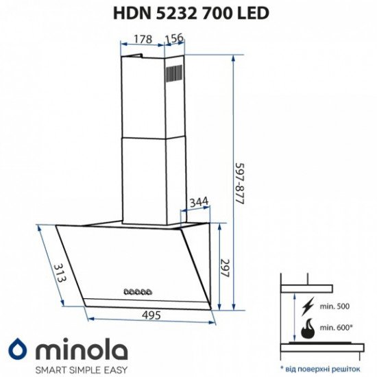 Кухонна витяжка Minola HDN 5232 BL/INOX 700 LED